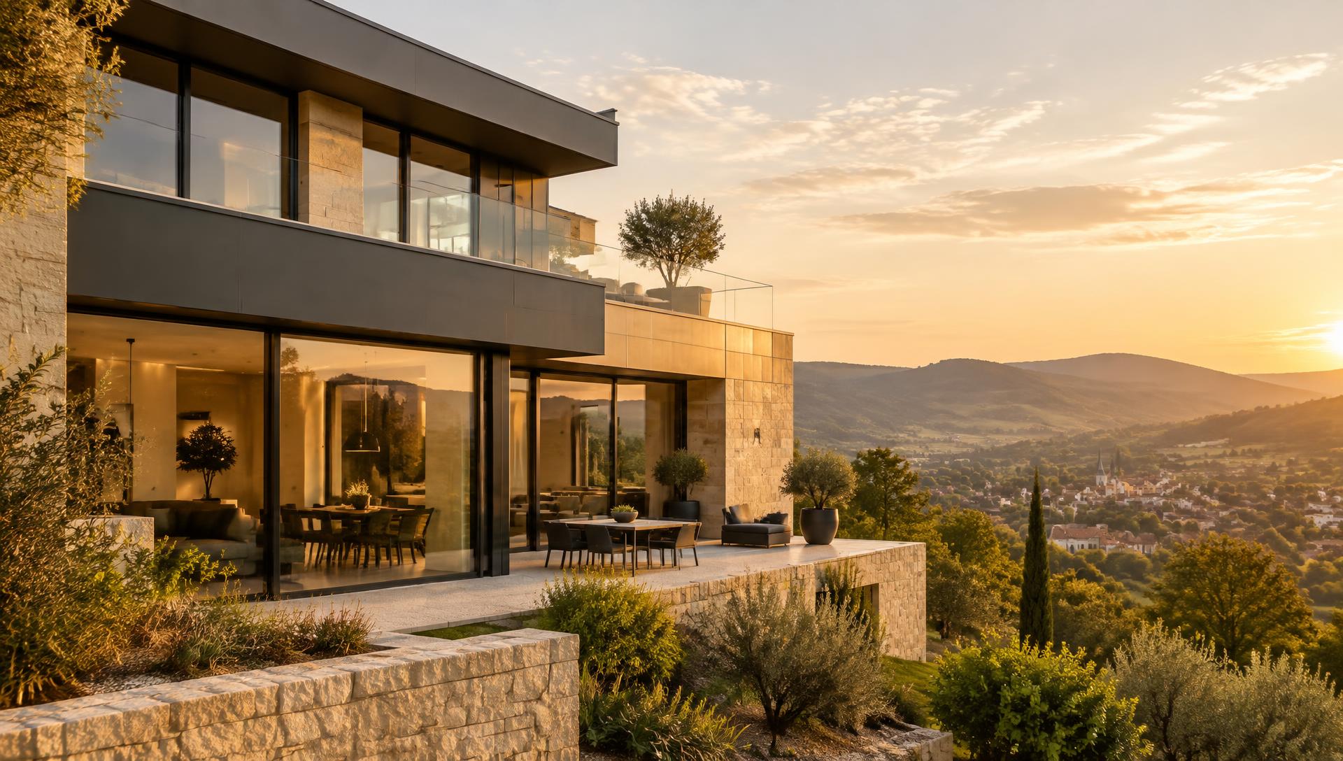 Modernes Wohnhaus mit Sandsteinfassade im Abendlicht, im Hintergrund die Hügel der Region