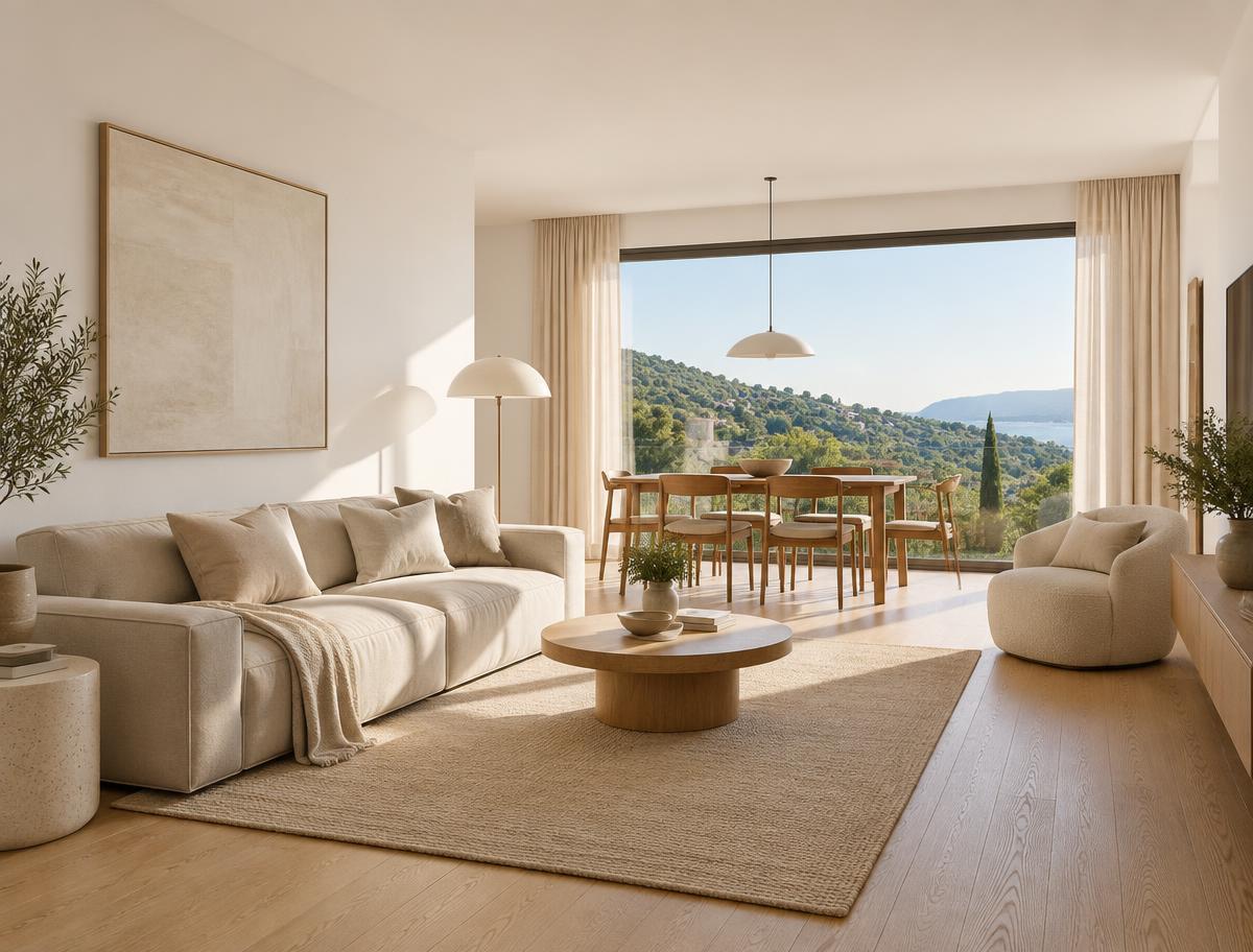 Helles Wohnzimmer mit Eichenboden und großem Fenster mit Blick ins Grüne