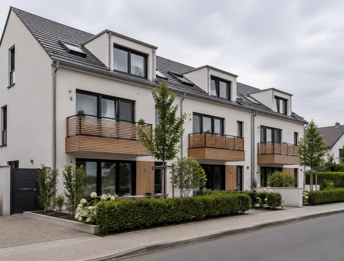 Moderne Reihenhauszeile mit hellem Putz, dunklen Fensterrahmen und Holzbalkonen