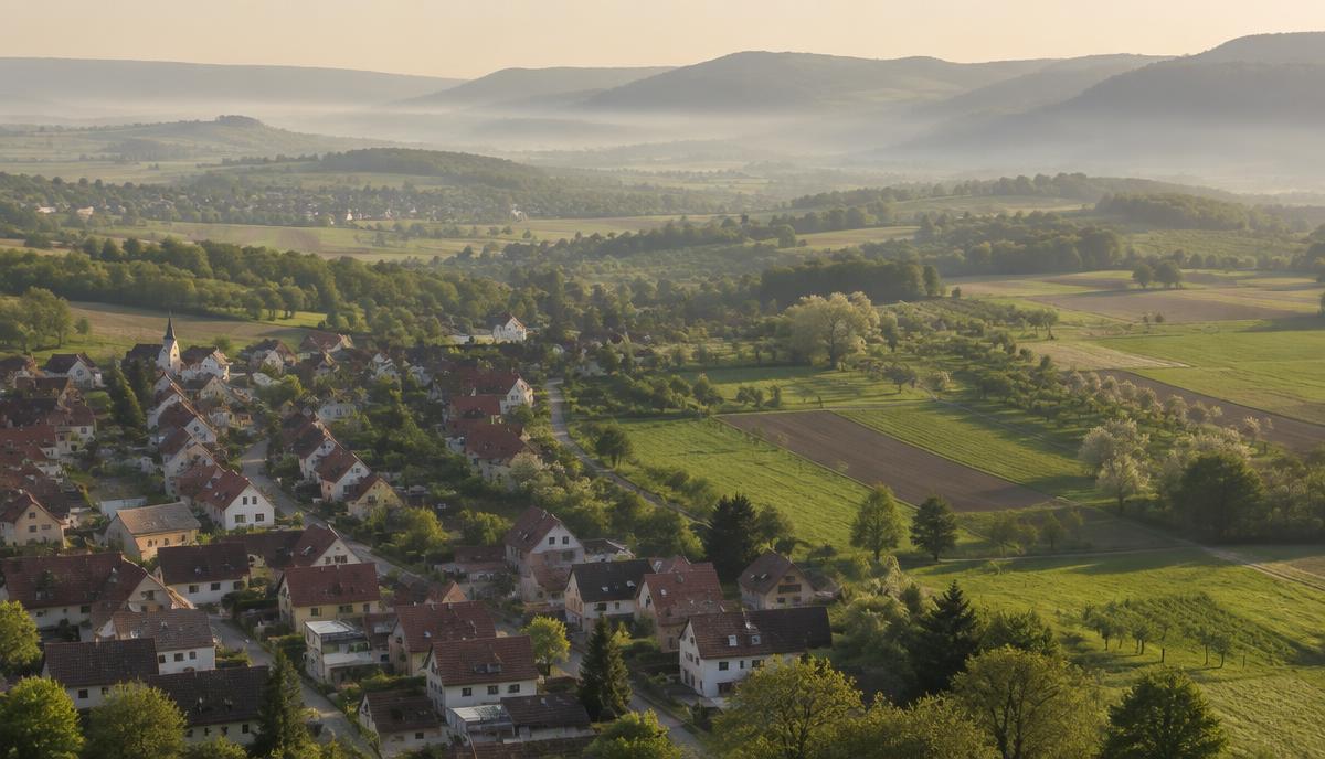 Ortsrand mit Feldern und Streuobstwiesen in der Region Baden-Württemberg